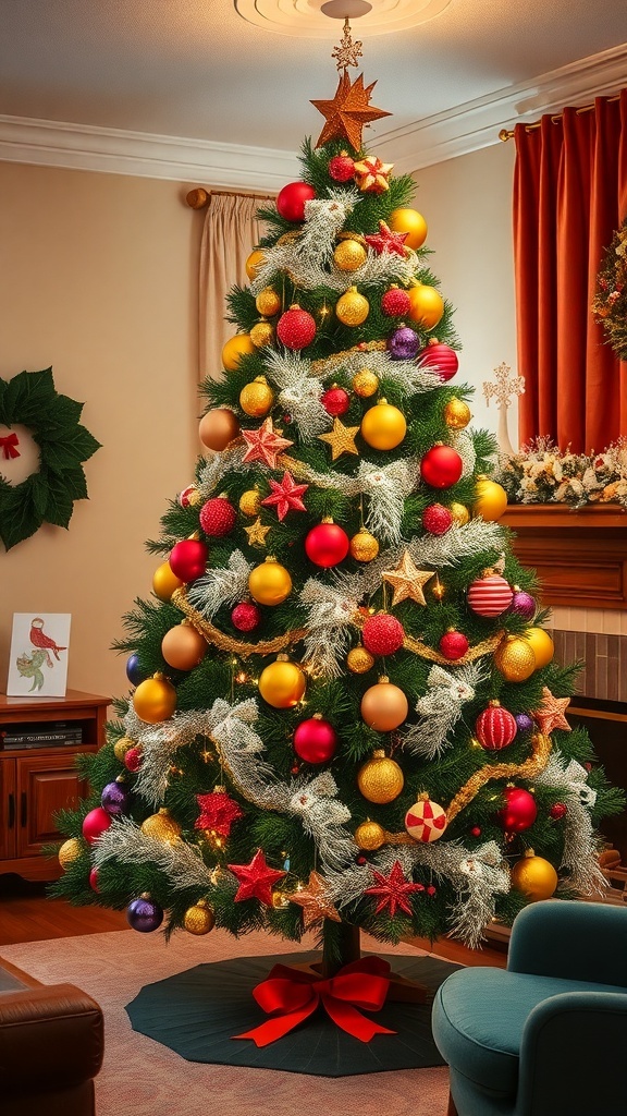 A beautifully decorated Christmas tree with colorful ornaments, tinsel, and a large red bow, set in a cozy living room.