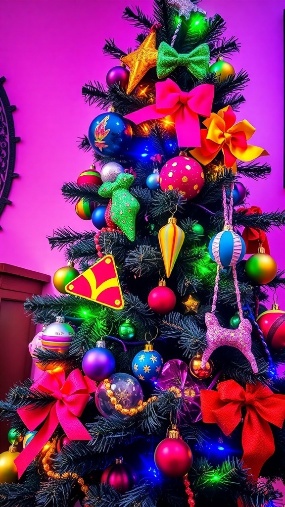 A colorful Christmas tree decorated with retro ornaments and bright lights.