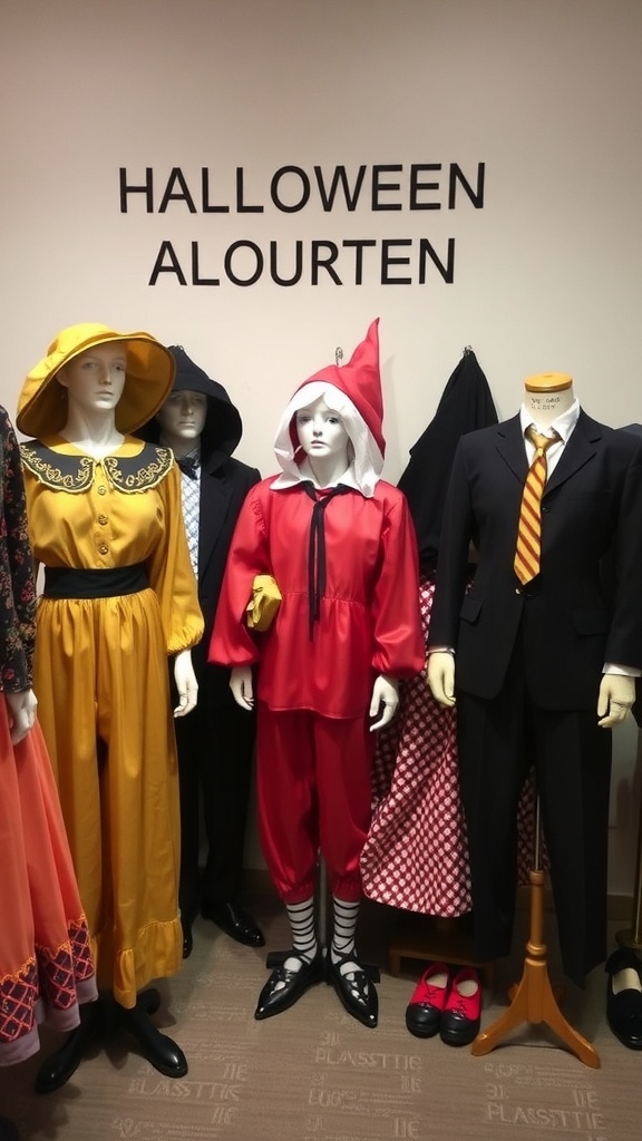A display of vintage Halloween costumes on mannequins, featuring a red outfit, a yellow dress, and a classic black suit.