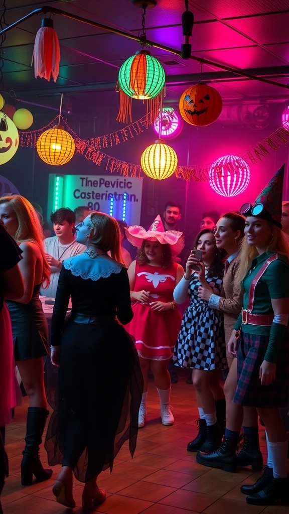 A vibrant retro costume party with colorful decorations and guests in various costumes celebrating Halloween.