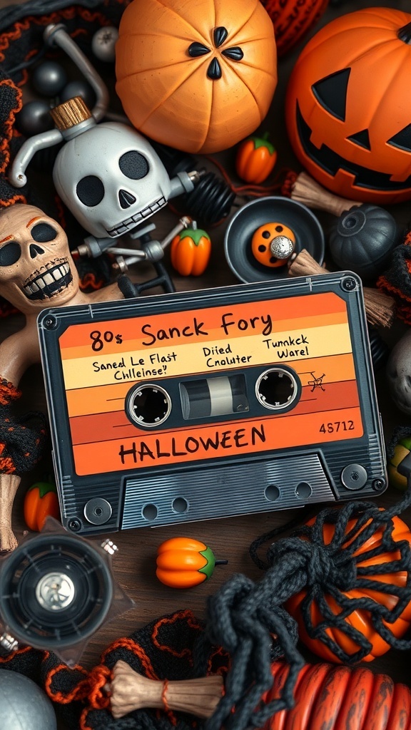 A cassette tape labeled '80s Sanck Fory' surrounded by Halloween decorations like pumpkins and a skull.