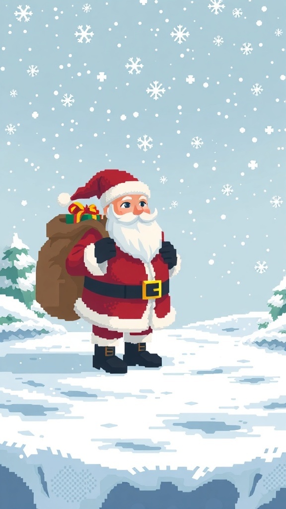 Retro Santa in 8-bit style standing in a snowy landscape with a sack of gifts.