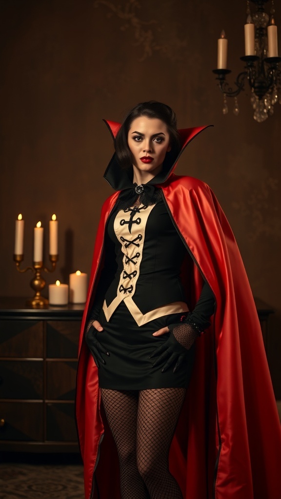 A woman dressed in a retro vampire costume with a red cape, black dress, and fishnet stockings, standing in a dimly lit room with candles.