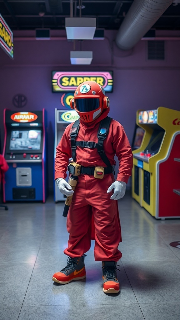 A person dressed as a retro video game character in a red jumpsuit and helmet, standing in an arcade.