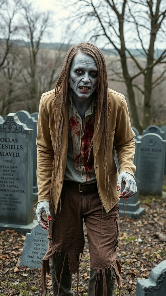 A person dressed as a retro zombie in a graveyard, with pale skin, messy hair, and blood-stained clothing.