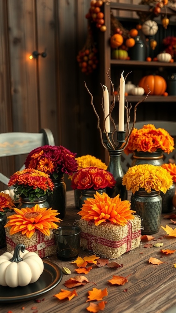 A rustic Halloween table decorated with colorful mums, hay bales, candles, and autumn leaves.