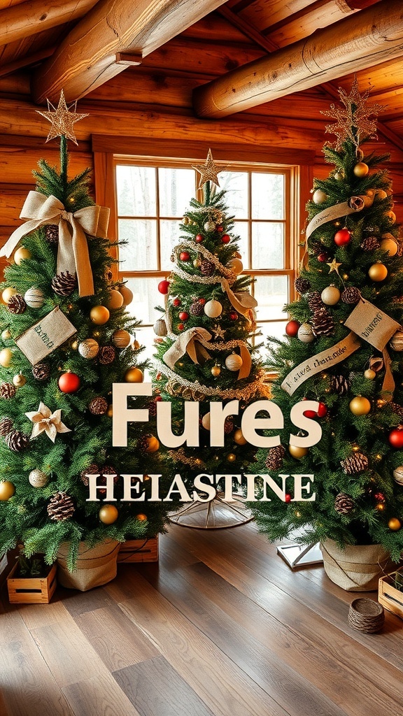 Three Christmas trees decorated with ornaments and pine cones in a rustic wooden room
