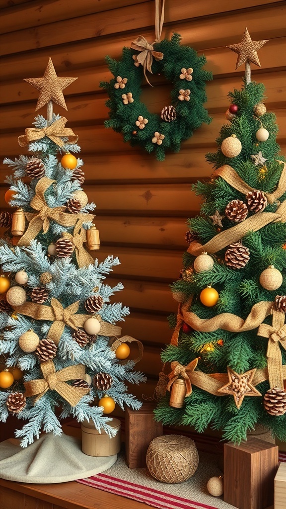 Three Christmas trees with natural decorations, including pinecones and burlap ribbons, set against a wooden backdrop.