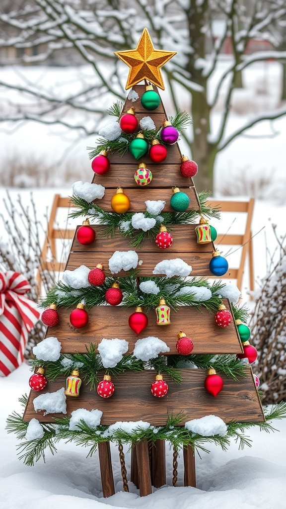 A rustic wooden Christmas tree decorated with colorful ornaments and a golden star on top, surrounded by snow.