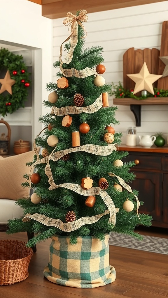 A rustic Christmas tree decorated with wooden ornaments, pinecones, and burlap ribbon, set in a cozy living room.