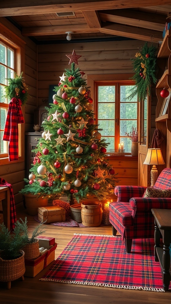 Cozy rustic farmhouse Christmas decor featuring a decorated tree, plaid chair, and warm lighting.