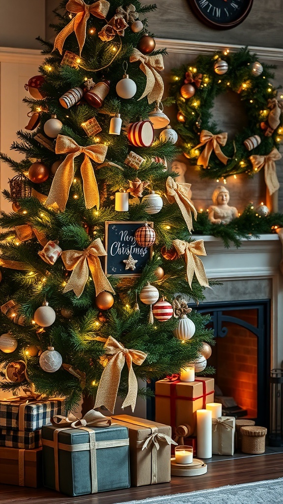 A rustic farmhouse style Christmas tree decorated with burlap ribbons, wooden ornaments, and surrounded by wrapped gifts and candles.