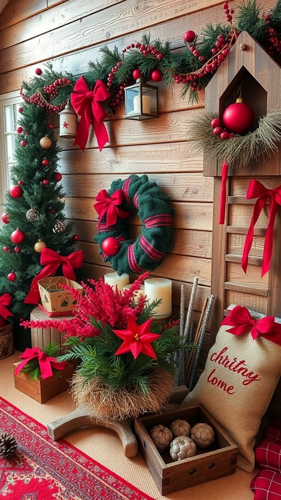 A cozy Christmas decoration featuring a tree, wreath, and red accents in a rustic setting.