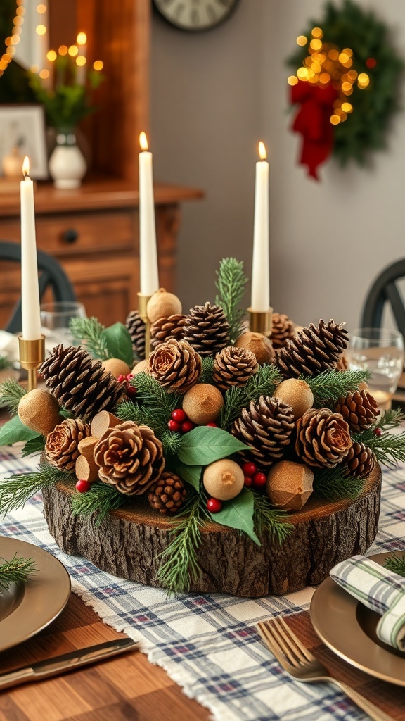 A rustic wood and pinecone centerpiece with candles and greenery on a festive table setting.