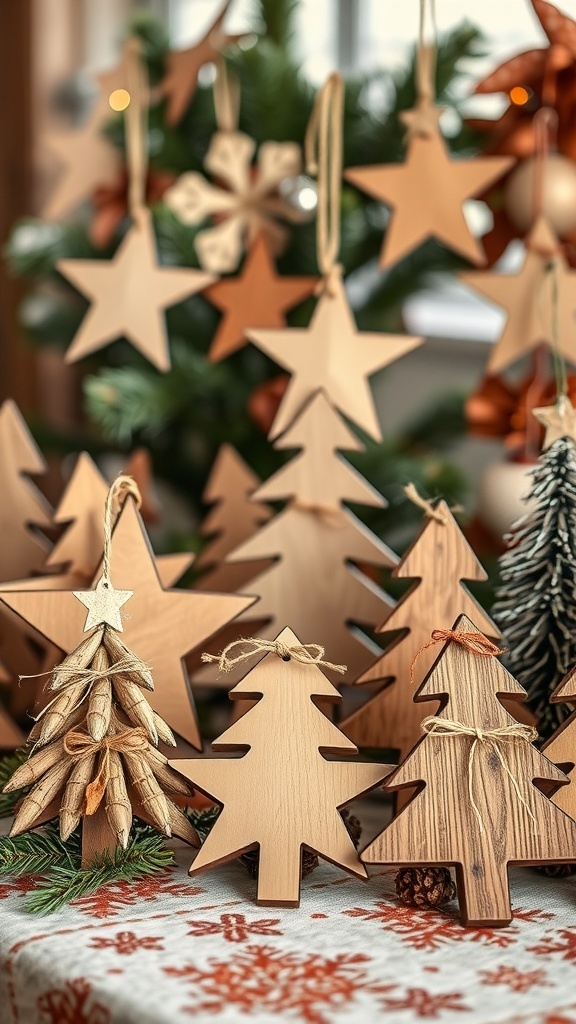 A collection of rustic wooden ornaments including stars and trees, displayed on a festive table.