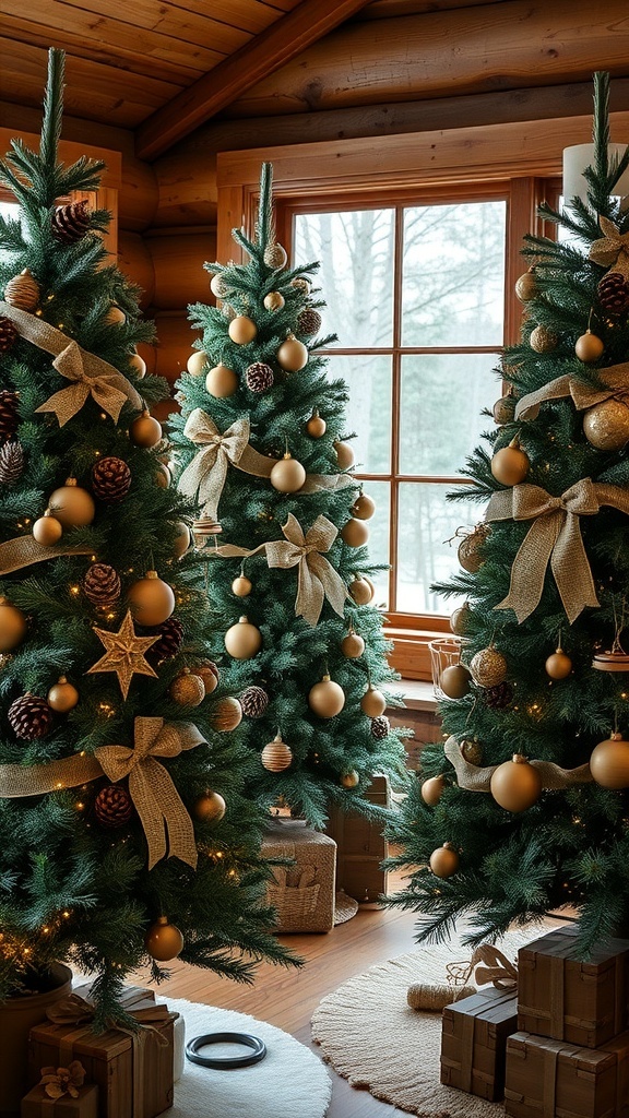 Three rustic Christmas trees decorated with gold ornaments and burlap ribbons in a cozy cabin setting.
