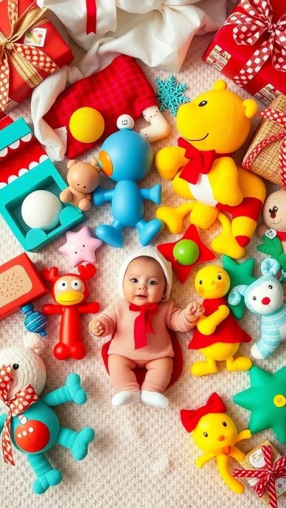 An 8-month-old baby surrounded by colorful toys and Christmas gifts, smiling happily.