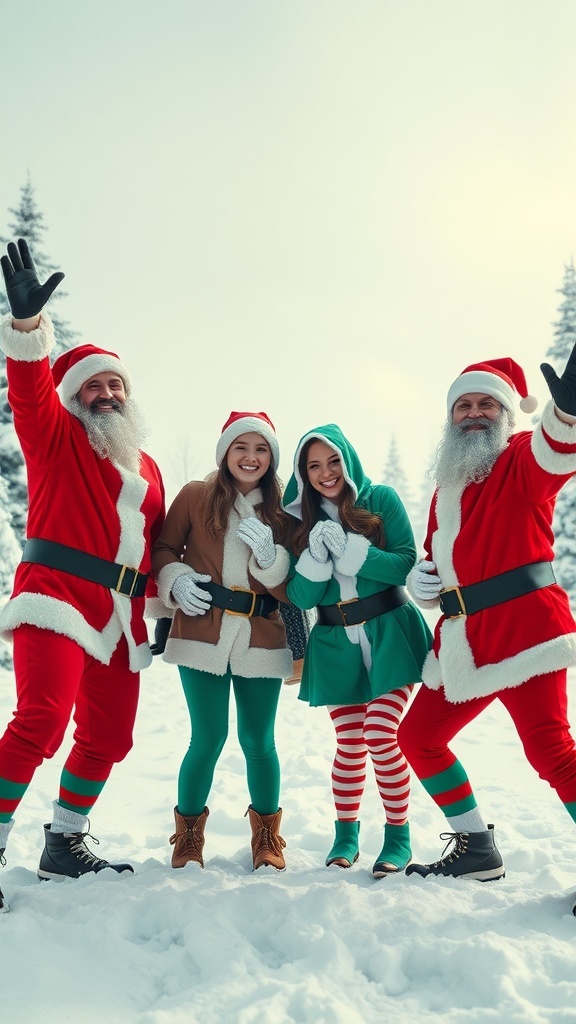 Four people in matching Christmas outfits, two as Santa and two as elves, smiling in the snow.