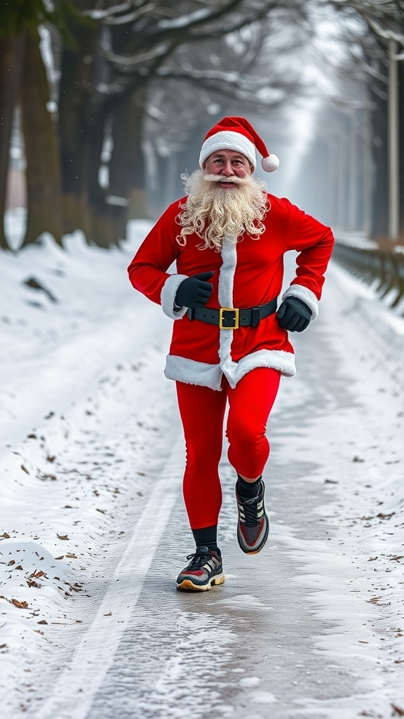 A person running in a Santa Claus outfit on a snowy path