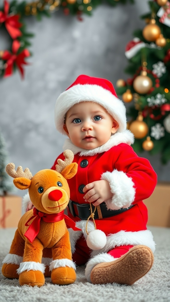 A baby dressed as Santa sitting next to a plush reindeer, surrounded by Christmas decorations.