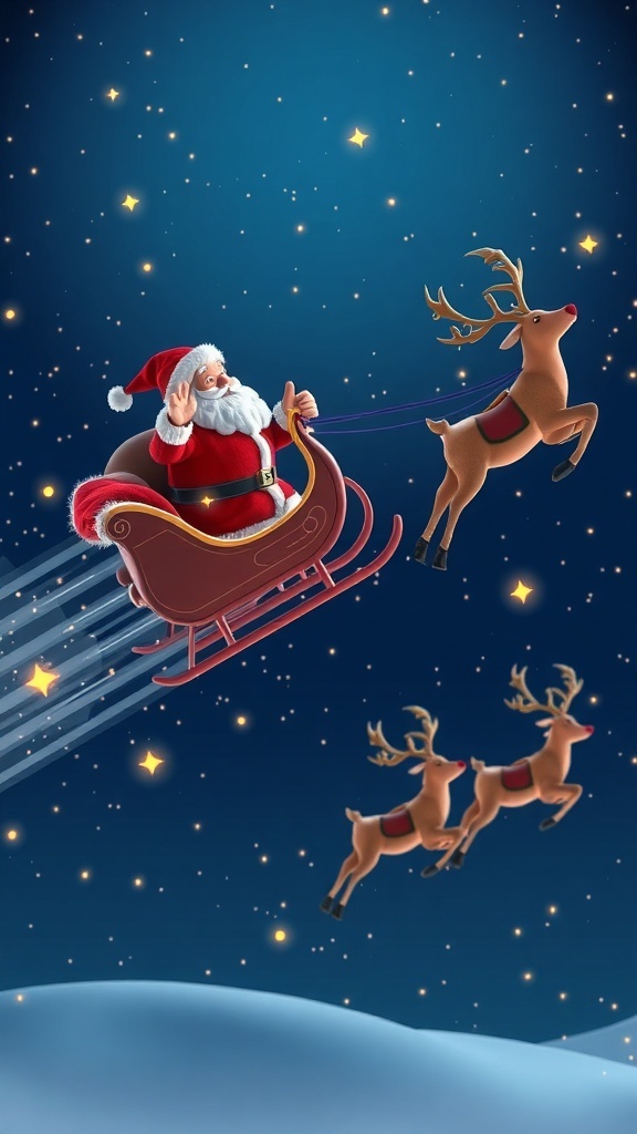 Santa Claus flying in his sleigh with reindeer against a starry night sky