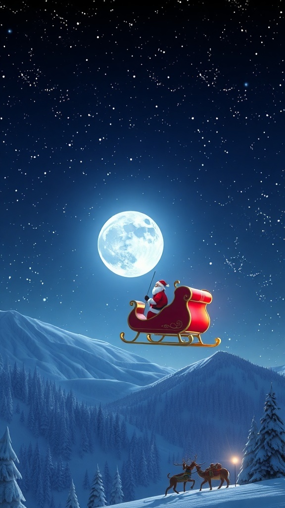 Santa Claus in a red sleigh flying in the night sky with a full moon and snowy mountains below