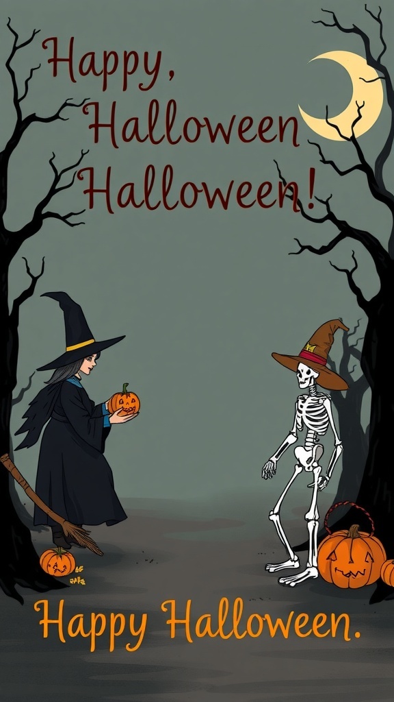 A witch and a skeleton holding pumpkins with the text 'Happy, Halloween Halloween!'