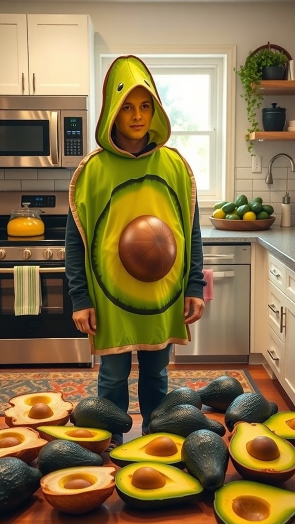 Person wearing an avocado costume in a kitchen surrounded by avocados.