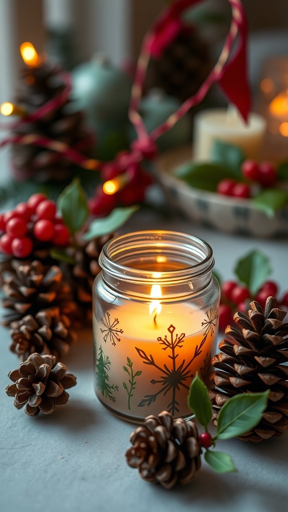 A scented candle in a jar surrounded by pinecones and festive decorations.