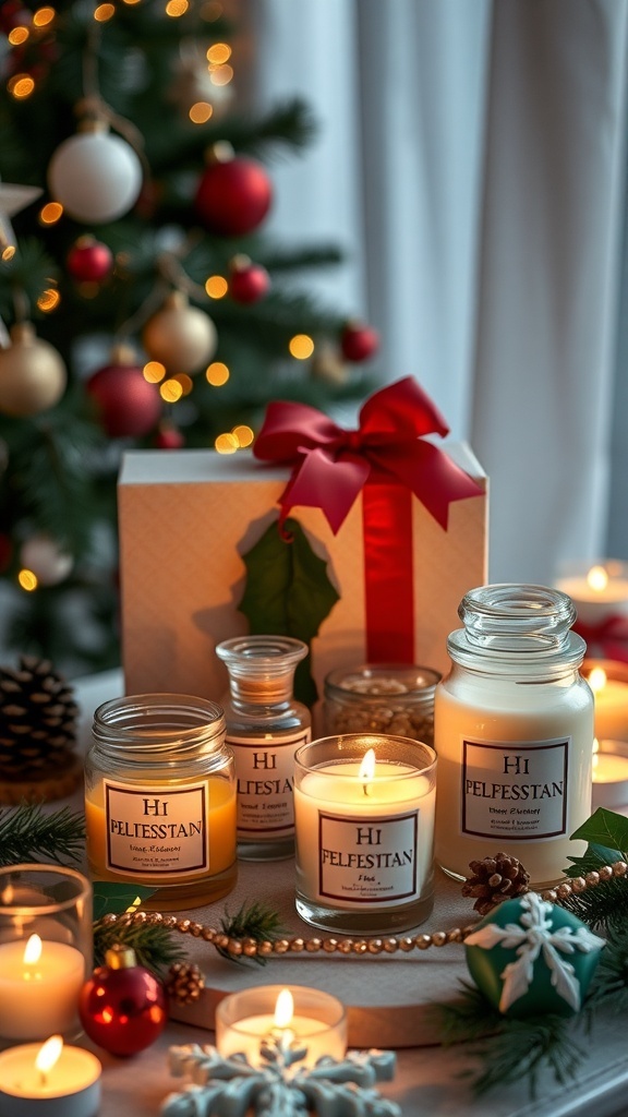 A cozy arrangement of scented candles with a Christmas tree in the background.