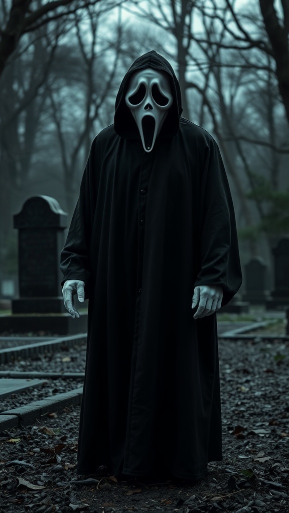 A person wearing a Ghostface mask and black robe standing in a graveyard