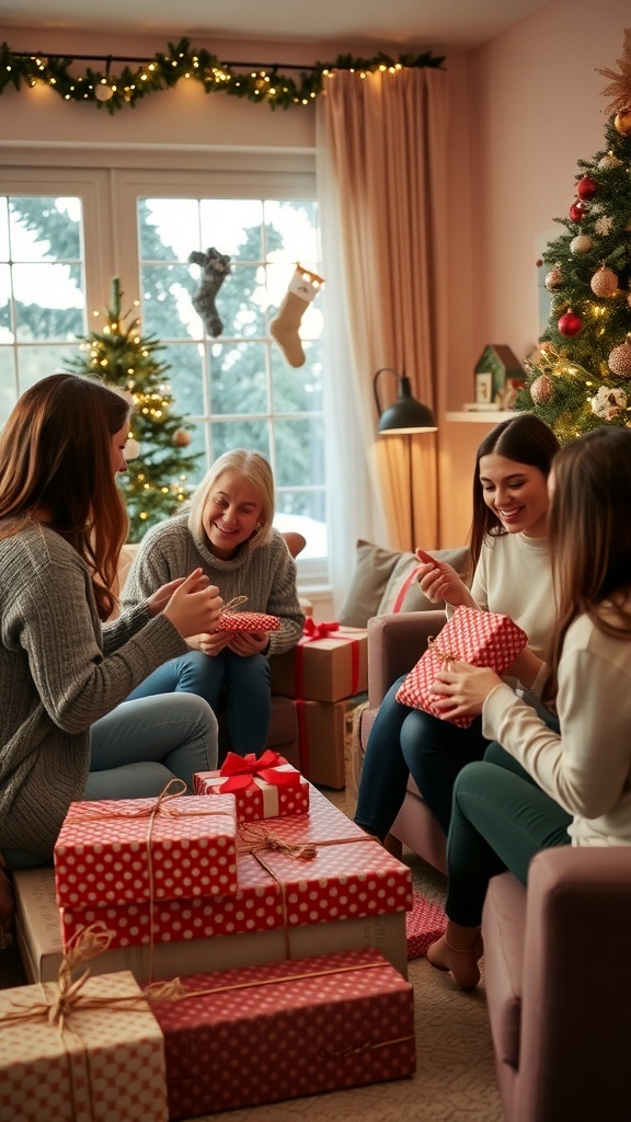 A cozy living room with four women exchanging gifts during a Secret Santa event, surrounded by wrapped presents and a decorated Christmas tree.