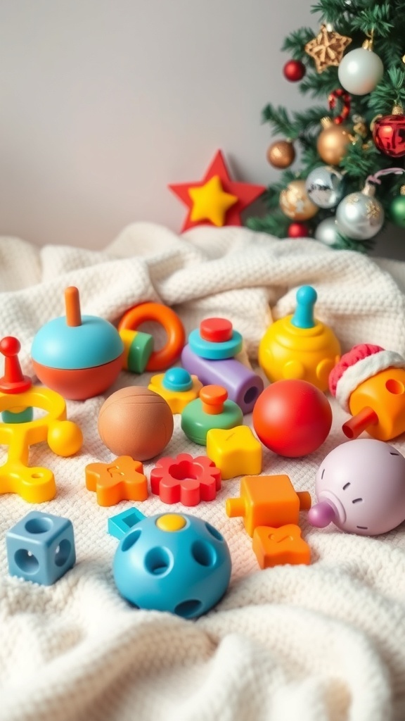 Colorful sensory development toys for babies on a soft blanket with a Christmas tree in the background.