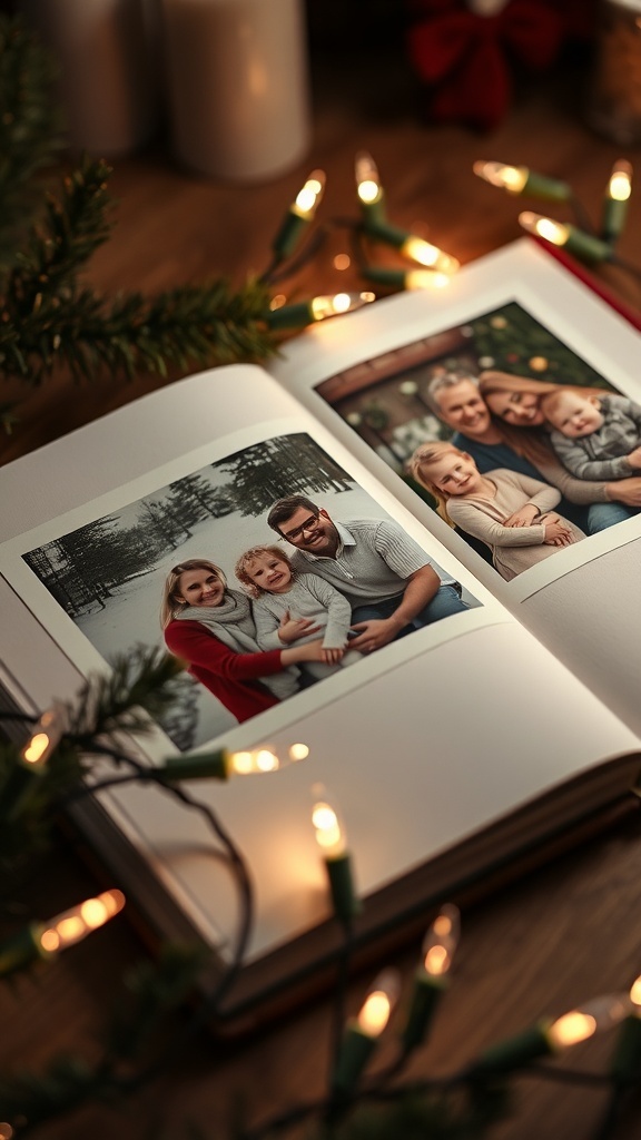 A photo album with family pictures, surrounded by Christmas lights and candles.