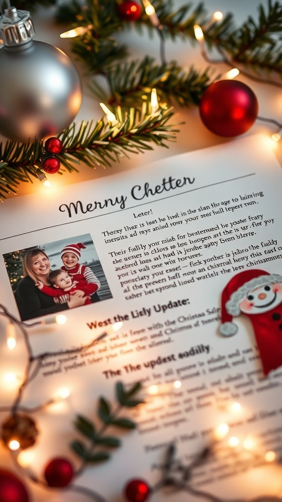A festive Christmas letter with a family photo, surrounded by holiday decorations.