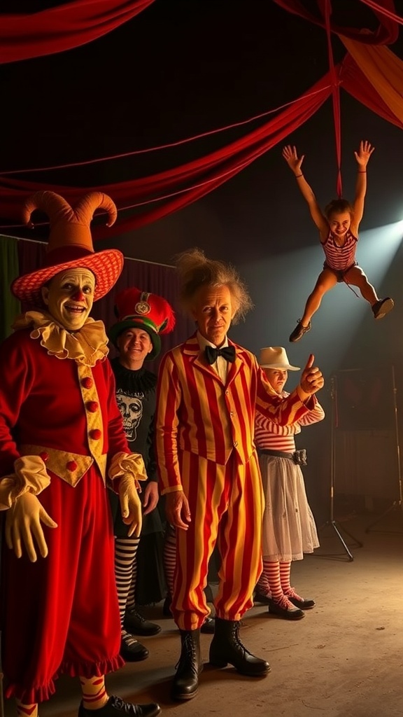 A group of circus performers in spooky costumes, including a clown, a ringmaster, and a girl suspended in the air.