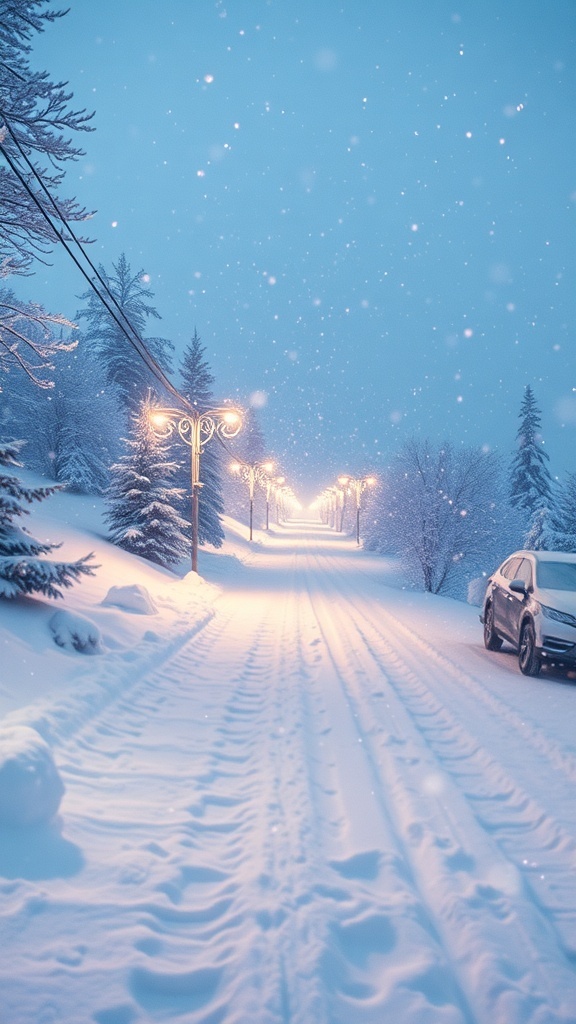 A snowy road lined with glowing street lamps and snow-covered trees under a blue sky.