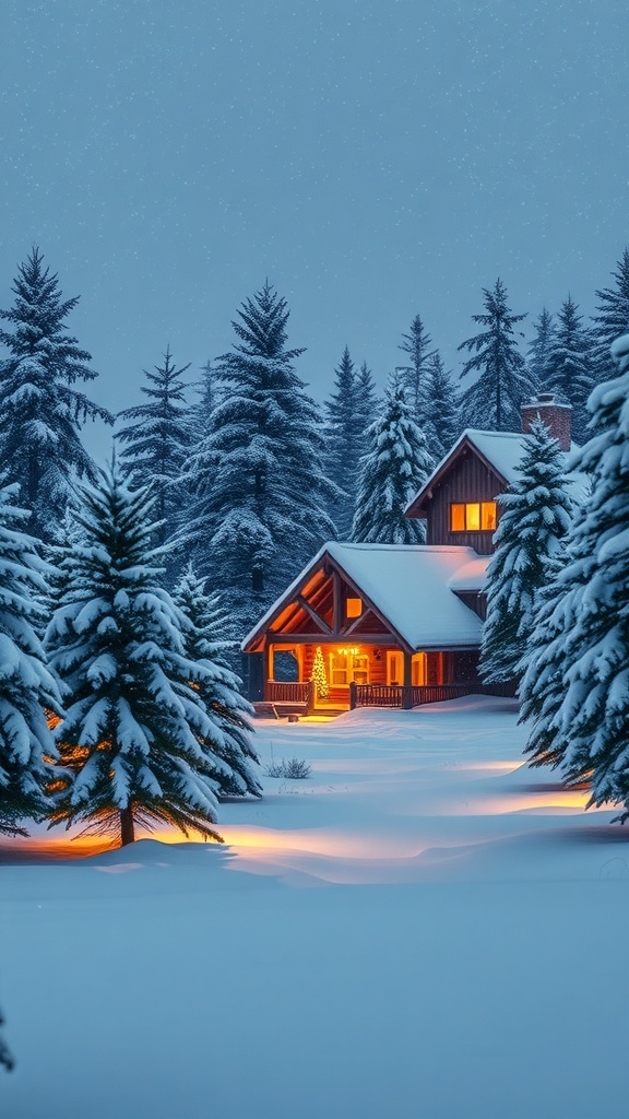 A cozy cabin in a snowy landscape with tall trees and warm lights glowing from the windows.