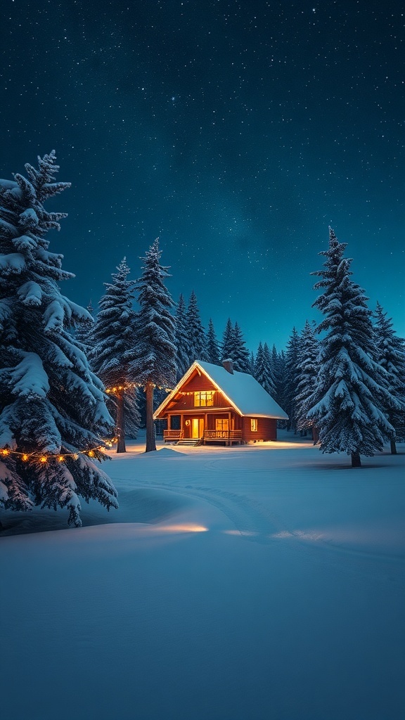 A cozy cabin surrounded by snow-covered trees under a starry night sky