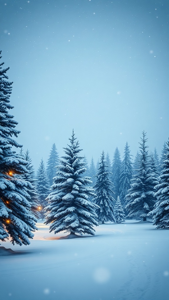 A snowy winter landscape with evergreen trees covered in snow and soft flakes falling from the sky.