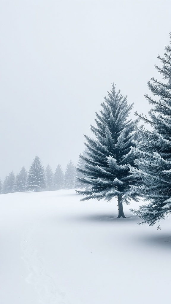A snowy winter landscape with frosted pine trees and a white blanket of snow.