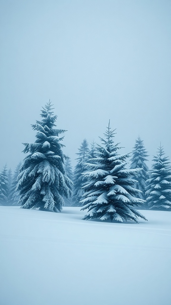 Snowy winter landscape with evergreen trees covered in snow