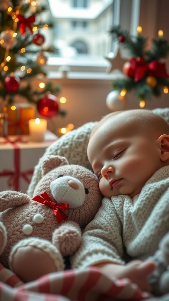 A sleeping baby cuddling a soft teddy bear, surrounded by a Christmas tree and festive decorations.