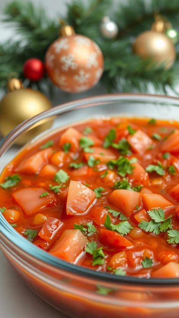 A bowl of spicy salsa with chopped tomatoes and cilantro, surrounded by Christmas ornaments.