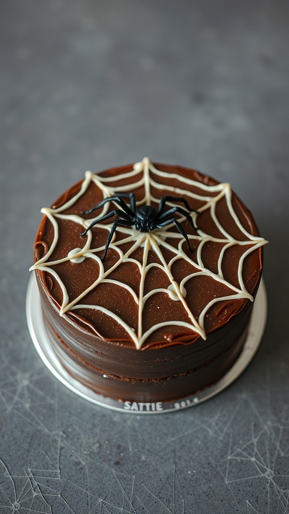 A chocolate cake decorated with a spider web design and a plastic spider on top.