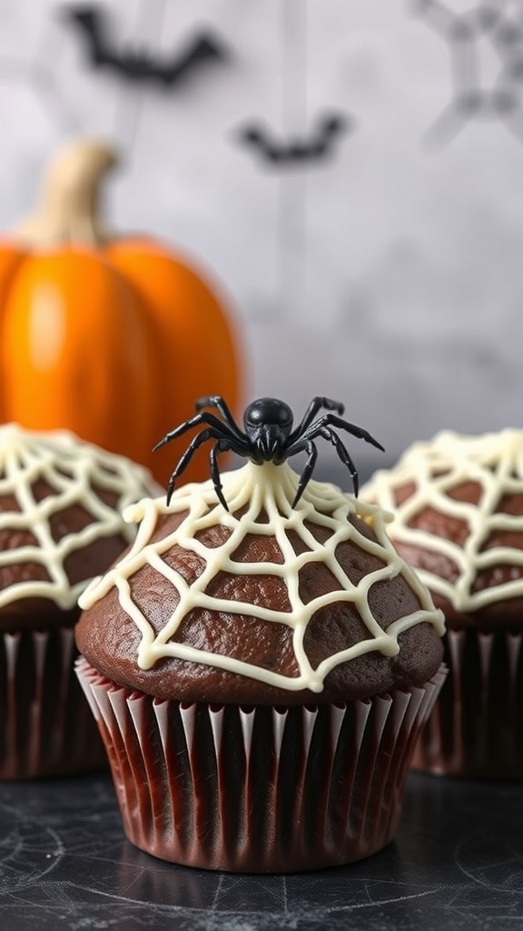 Spider web cupcakes with a plastic spider on top, set against a backdrop of Halloween decorations.
