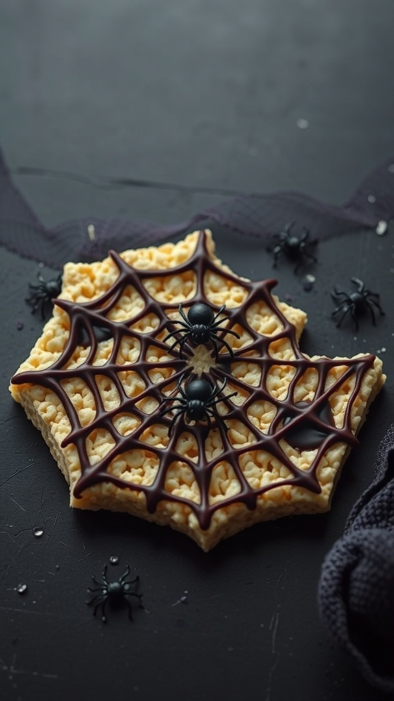 Spider Web Rice Krispie Treats decorated with chocolate and plastic spiders