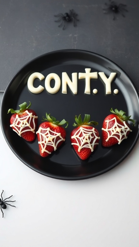 A plate of spider web decorated strawberries with the word CONTY made of white chocolate.