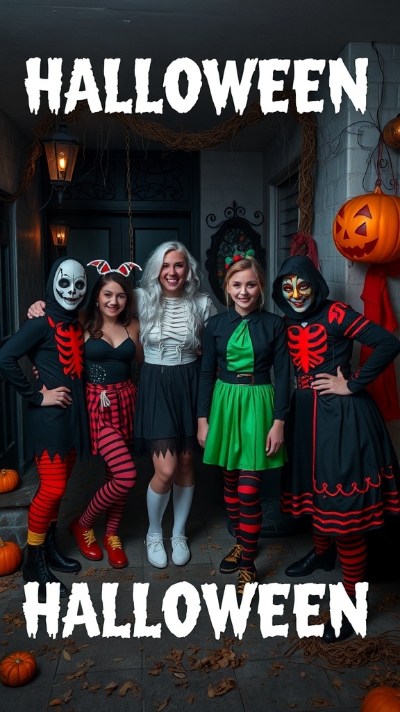 Six friends in Halloween costumes, featuring a skeleton, witch, playful character, and spooky outfits, with pumpkins in the background.