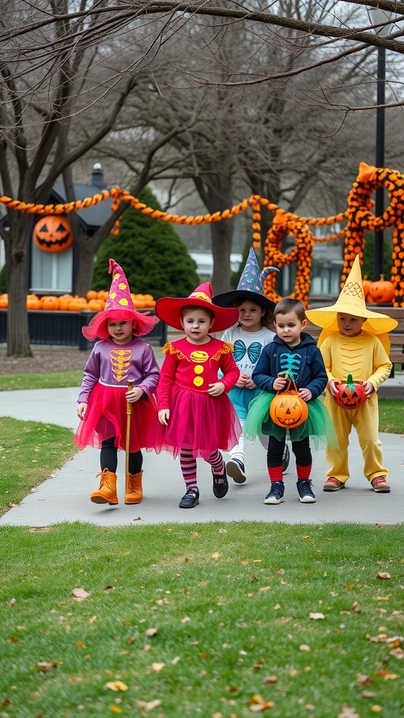 A group of children in colorful Halloween costumes walking together during a costume parade.